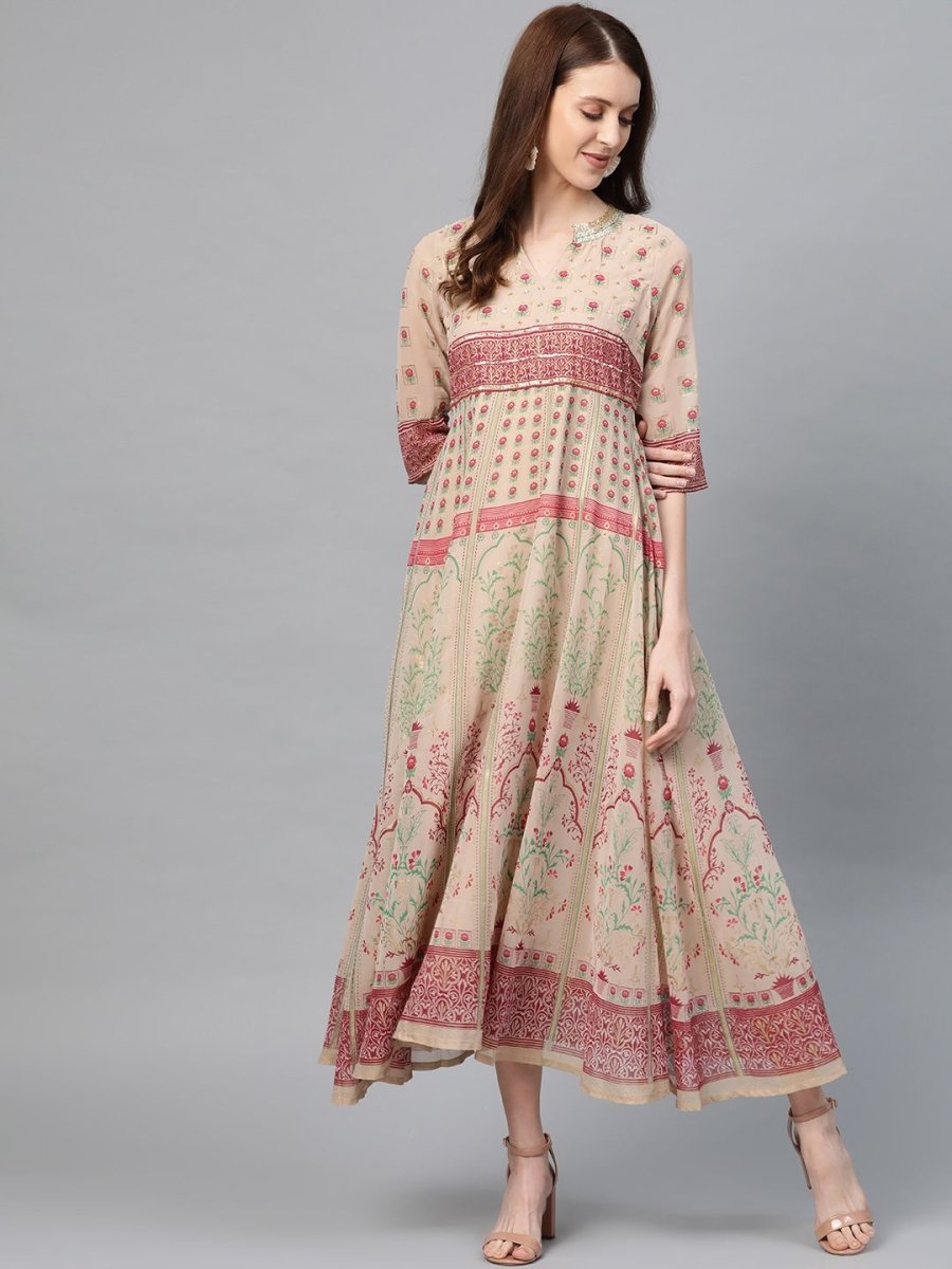 AURELIA Beige & Pink Ethnic Motifs Printed Maxi Dress - Distacart