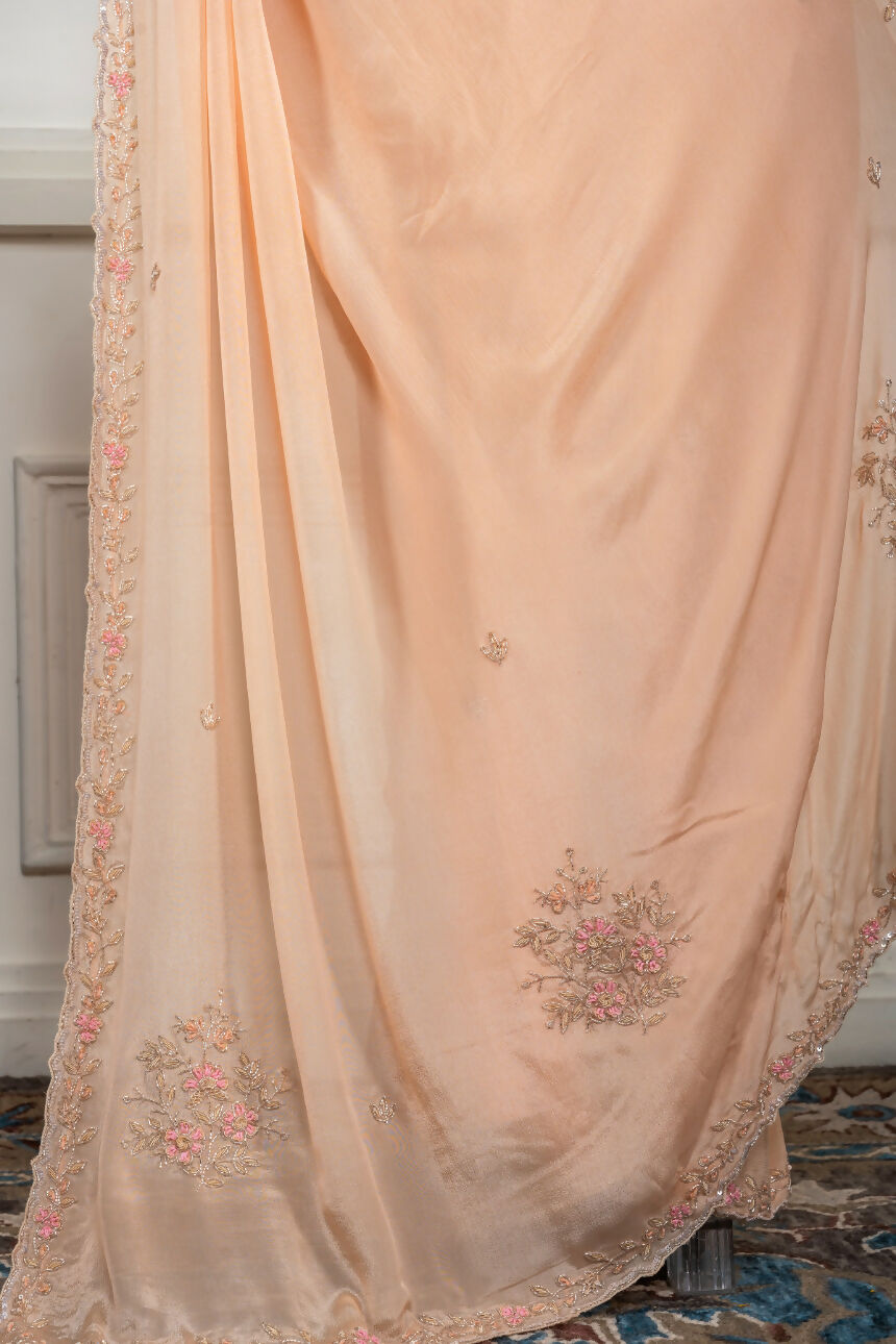 Morchari Beige Chiffon Hand Embroidery Saree And Stitched Blouse