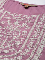 Thumbnail for Anouk Mauve & White Ethnic Motifs Ethnic Embroidered Straight Kurta Trousers Dupatta - Distacart