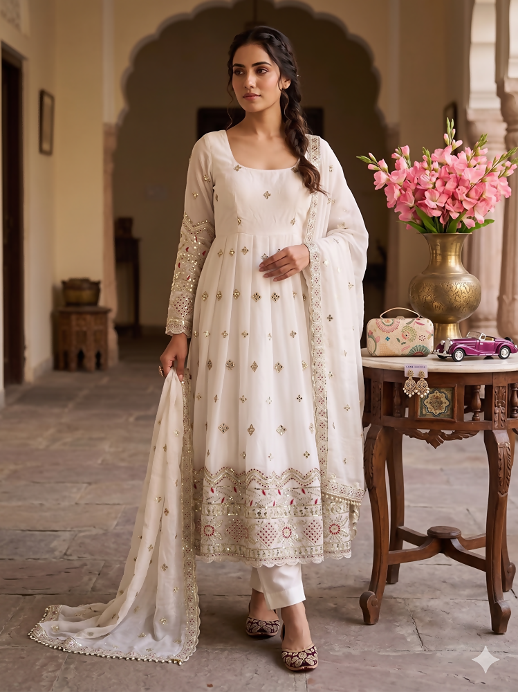 Teeya Creation Premium Off-White Designer Anarkali Suit for Wedding - Dista