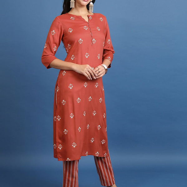 Vishudh Rust Orange Ethnic Motifs Printed Regular Kurta With Trousers - Distacart