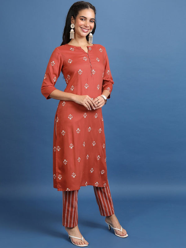 Vishudh Rust Orange Ethnic Motifs Printed Regular Kurta With Trousers