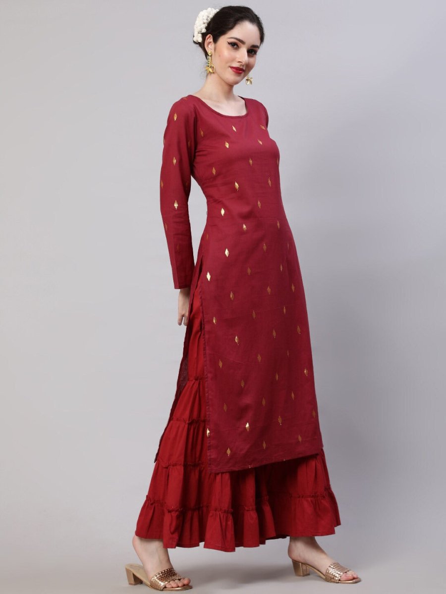 Aks Woven Design Round Neck Zari Cotton A-Line Kurta - Distacart