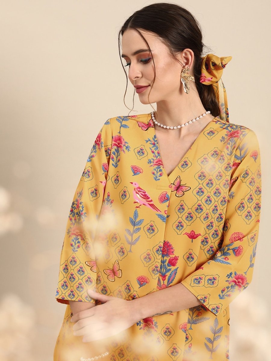 Anouk Women Mustard Yellow Floral Printed A- Line Kurta with Trousers - Distacart