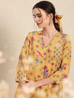 Thumbnail for Anouk Women Mustard Yellow Floral Printed A- Line Kurta with Trousers - Distacart