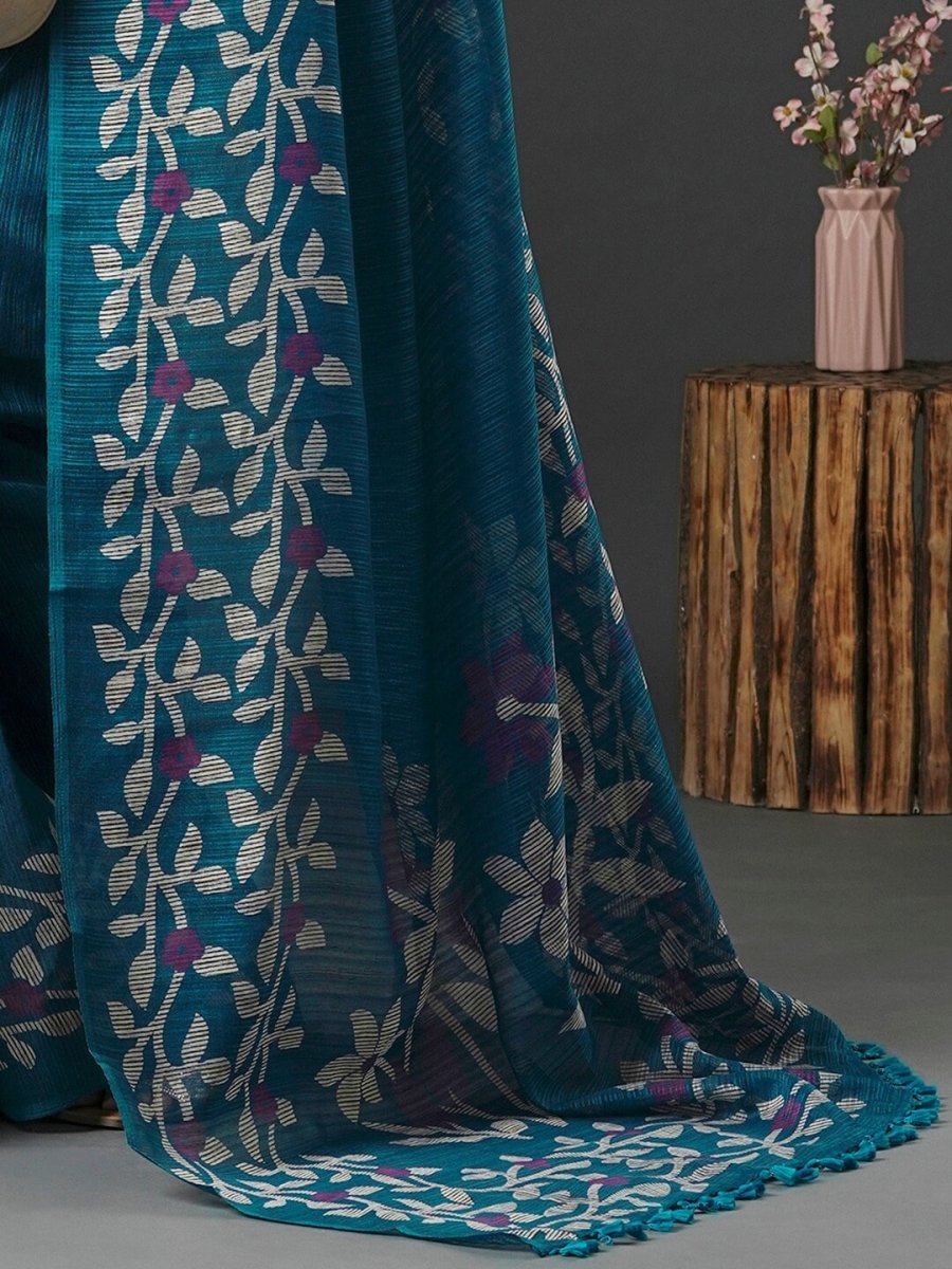 Anouk Teal & White Floral Printed Block Print Saree - Distacart