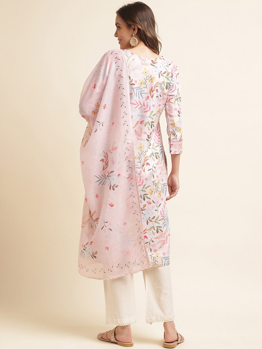 Ode by House of Pataudi Pink Floral Printed Sequinned Linen Kurta With Trousers & Dupatta - Distacart