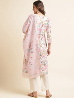 Thumbnail for Ode by House of Pataudi Pink Floral Printed Sequinned Linen Kurta With Trousers & Dupatta - Distacart