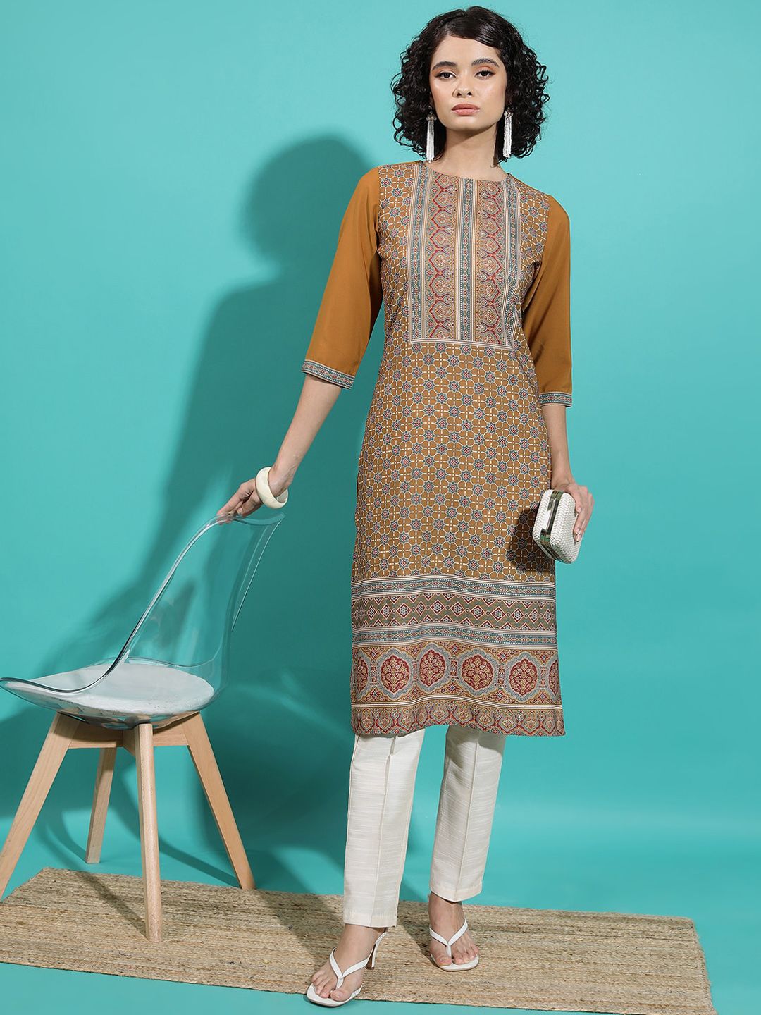 Vishudh Rust Ethnic Motifs Printed Straight Kurta