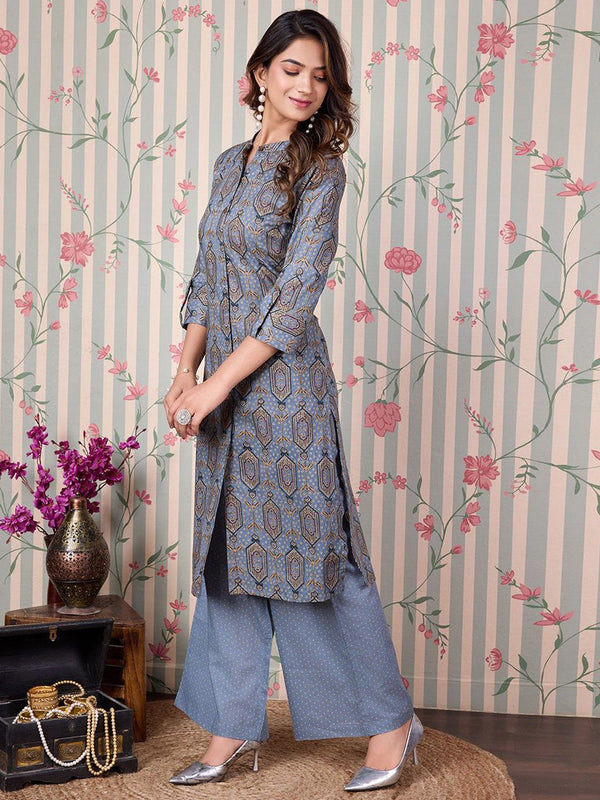 Ode by House of Pataudi Floral Printed Regular Pure Cotton Kurta with Trousers - Distacart