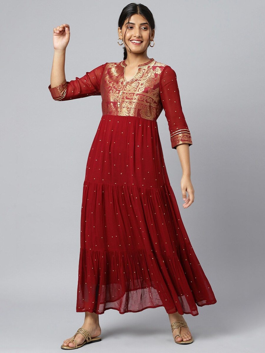 AURELIA Maroon & Gold Printed Ethnic Motifs Maxi Dress - Distacart