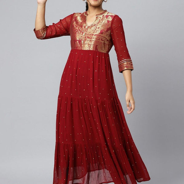 AURELIA Maroon & Gold Printed Ethnic Motifs Maxi Dress - Distacart