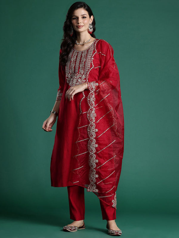Indo Era Ethnic Motifs Embroidered Sequinned Liva Kurta With Trousers & Dupatta