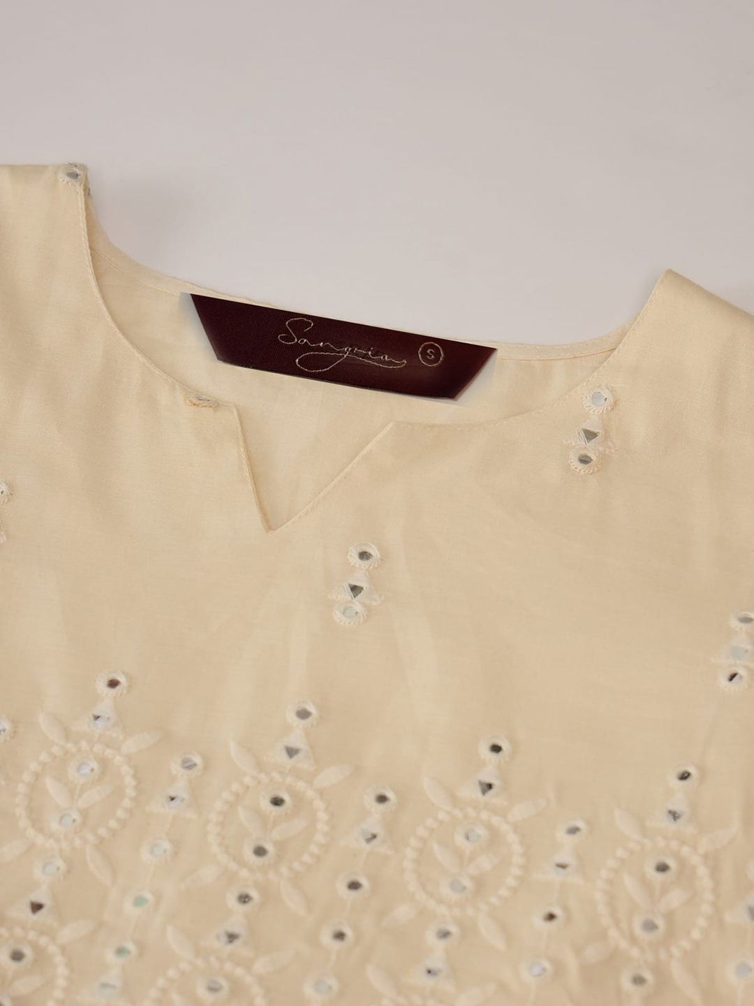Sangria Off White Floral Embroidered Mirror Work Pure Cotton Anarkali Kurta Set