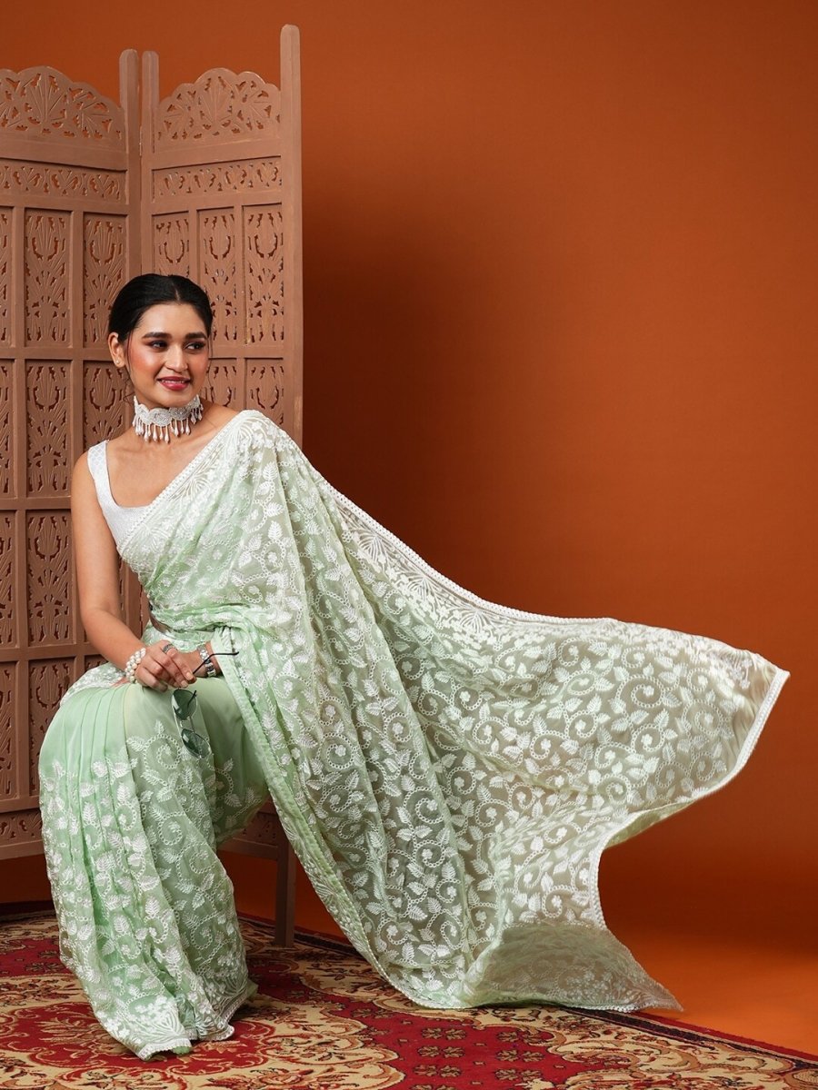 Anouk Green Floral Embroidered Organza Saree - Distacart