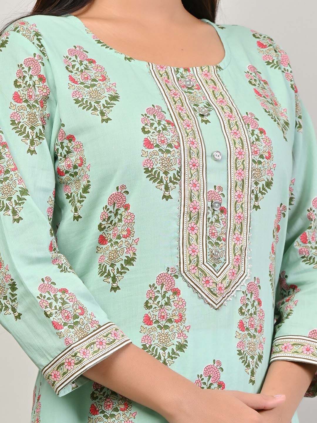 Swasti Women Green & Peach-Coloured Ethnic Motifs Printed Floral Kurta - Distacart