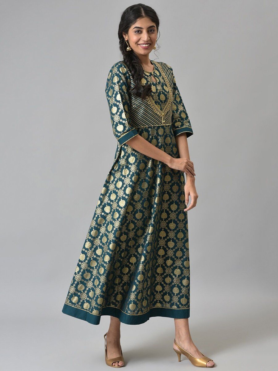 AURELIA Green Ethnic Motifs Cotton Maxi Dress