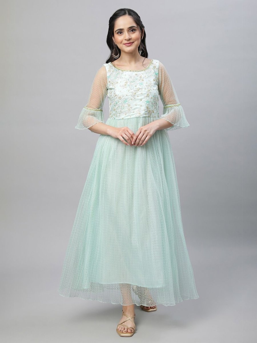 AURELIA Self Design Bell Sleeve Sequined Fit & Flare Maxi Ethnic Dress - Distacart