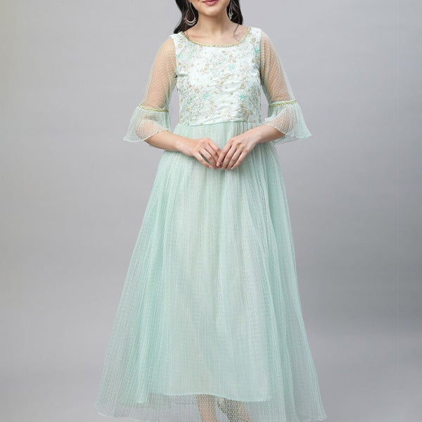 AURELIA Self Design Bell Sleeve Sequined Fit & Flare Maxi Ethnic Dress - Distacart