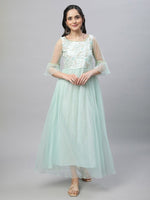 Thumbnail for AURELIA Self Design Bell Sleeve Sequined Fit & Flare Maxi Ethnic Dress
