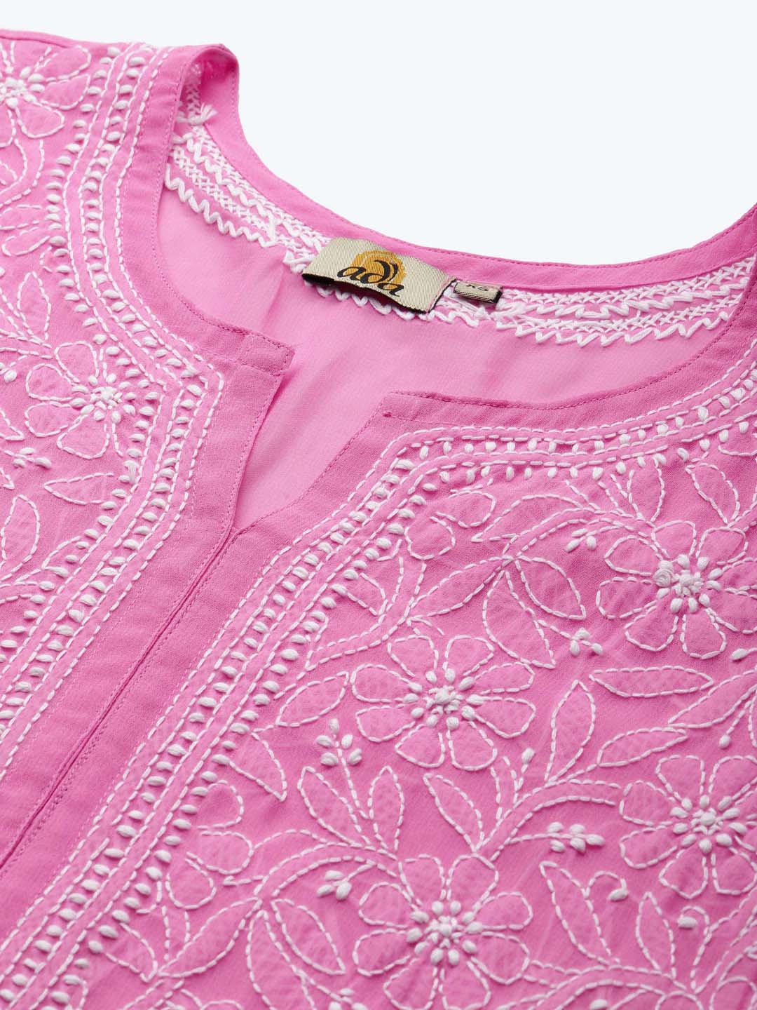 ADA Women Pink & White Ethnic Motifs Embroidered Chikankari Handloom Kurta with Trousers - Distacart