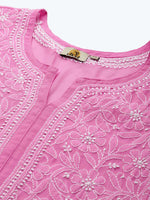 Thumbnail for ADA Women Pink & White Ethnic Motifs Embroidered Chikankari Handloom Kurta with Trousers - Distacart