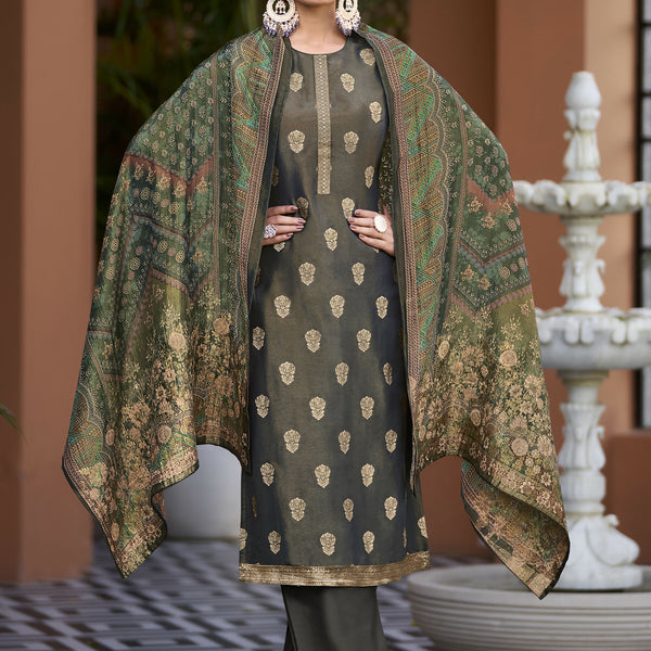 Jyoti Fashion Women's Green Pure Silk Elegant Jacquard Woven Kurta with Trouser & Dupatta - Distacart