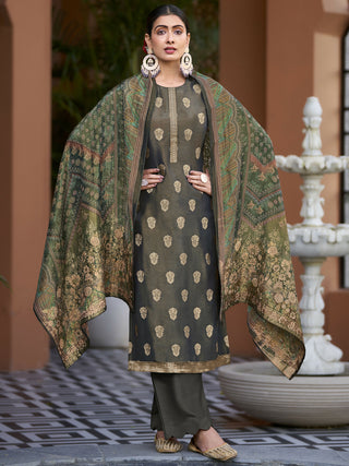 Jyoti Fashion Women's Green Pure Silk Elegant Jacquard Woven Kurta with Trouser & Dupatta - Distacart