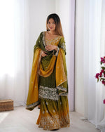 Thumbnail for The52 Women's Beautiful Chinon silk Fabric Embroidery Work Straight Kurta Palazzo and Dupatta Set - Distacart