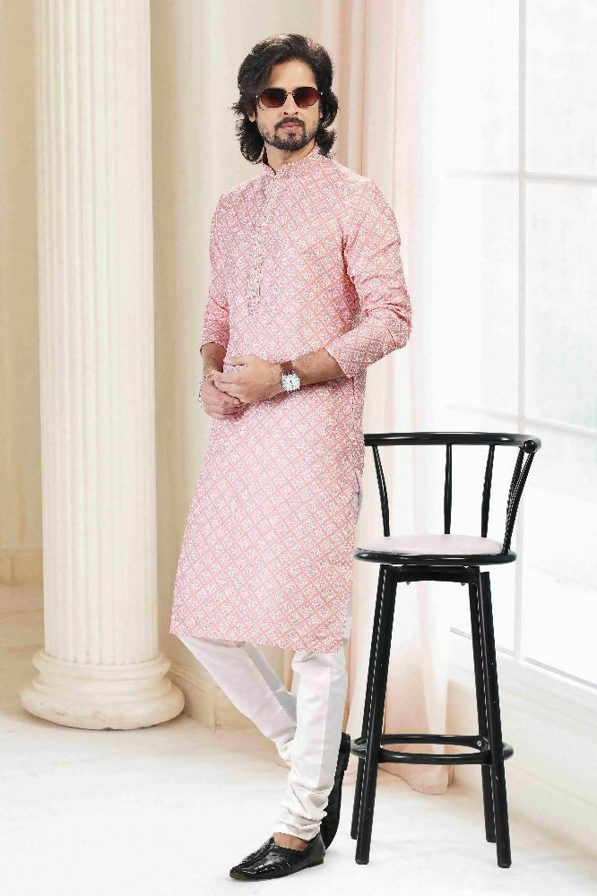 Raivat Ethnic Cotton Thread Work Kurta Pajama In Peach Colour - Dista