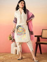Thumbnail for Sangria Off White Ethnic Motifs Self Design Thread Work Pure Cotton Pathani Kurta Sets