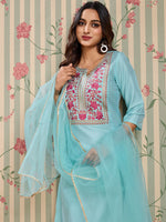 Thumbnail for Ode by House of Pataudi Floral Embroidered Notch Neck Kurta With Trousers And Dupatta - Distacart