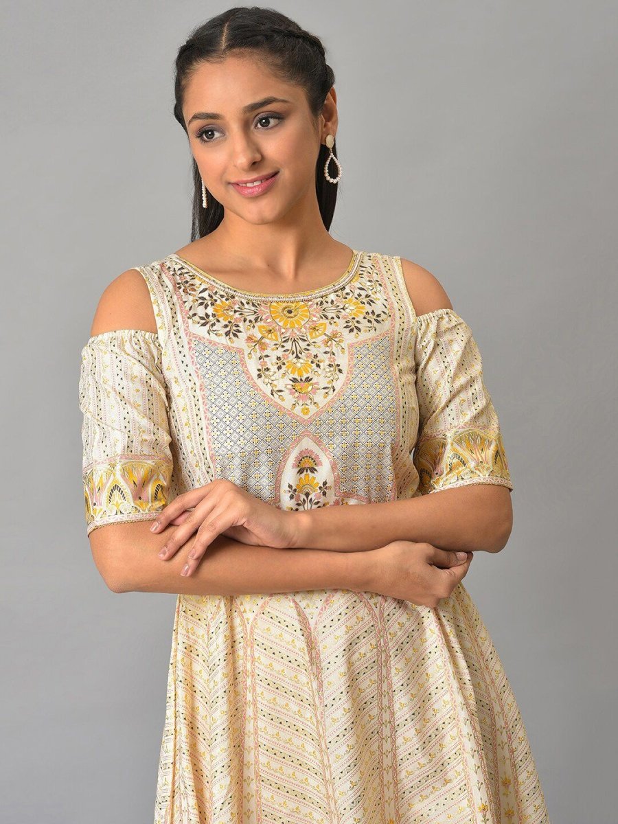 AURELIA Ethnic Motifs Printed Cold-Shoulder Sleeves Midi Fit & Flare Ethnic Dress - Distacart