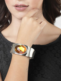 Thumbnail for NVR Women Silver-Toned Topaz Rhodium-Plated Kada Bracelet - Distacart