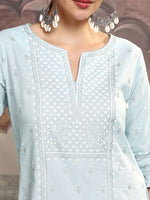 Thumbnail for Vishudh Blue Ethnic Motifs Printed Notch Neck Straight Kurta