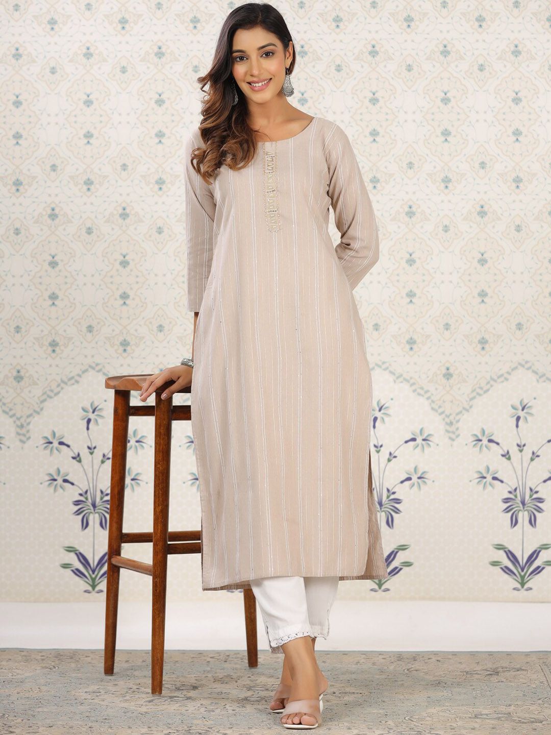 Ode by House of Pataudi Striped Round Neck Straight Cotton Kurta - Distacart