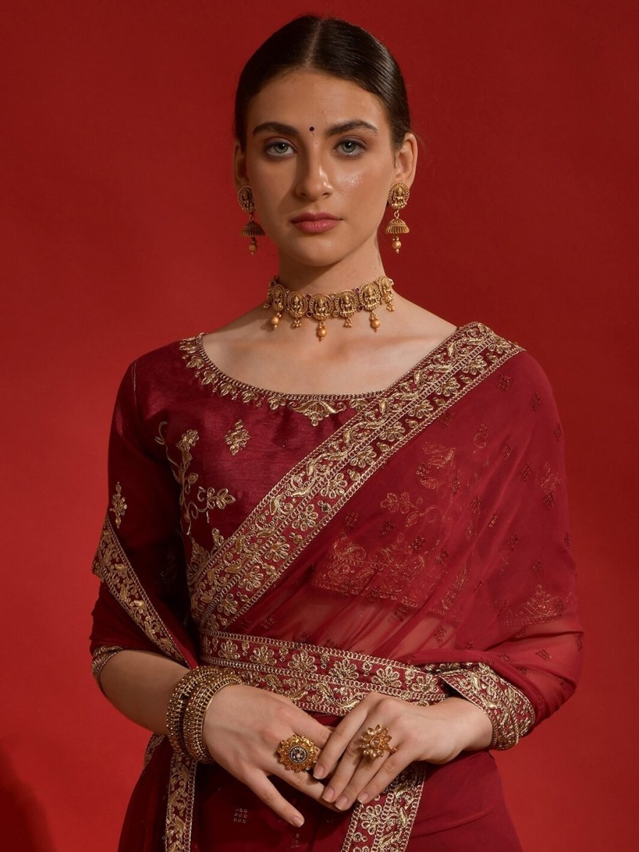 Anouk Maroon Embellished Sequinned Pure Georgette Saree - Distacart