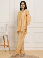 Thumbnail for HOUSE OF KARI Floral Embroidered Chikankari Chanderi Silk Straight Kurti with Trousers - Distacart