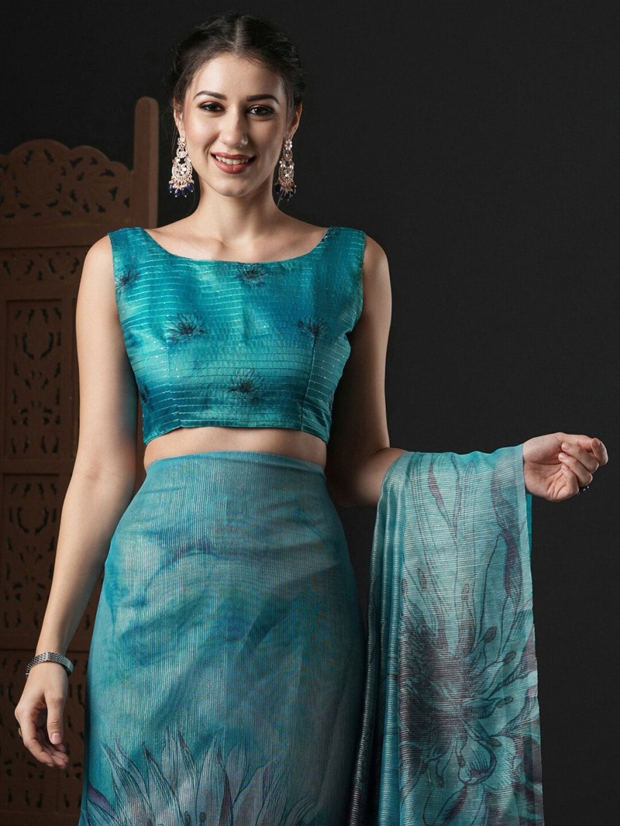 Anouk Blue & Black Floral Printed Organza Saree - Distacart