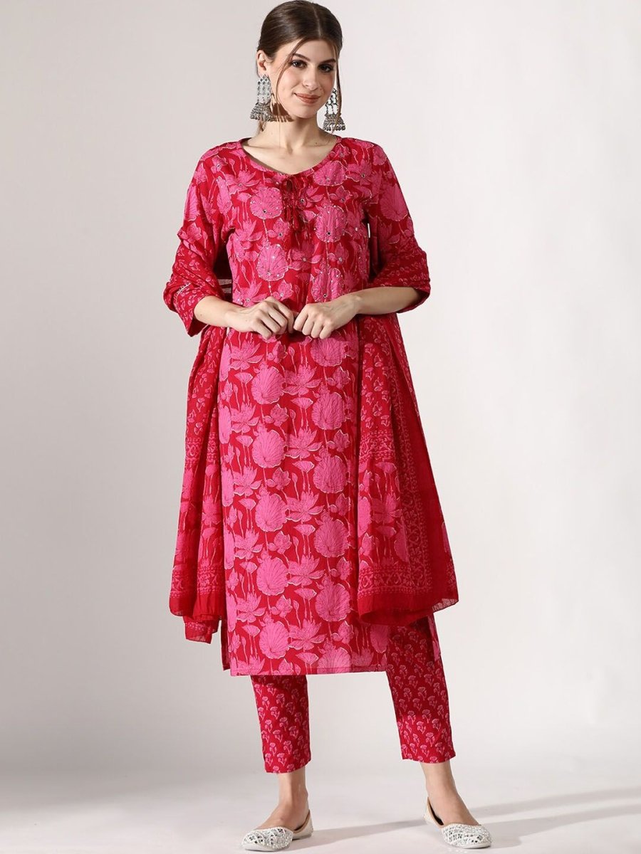 Anouk V-Neck Floral Printed Thread Work Pure Cotton Straight Kurta with Trousers & Dupatta - Distacart
