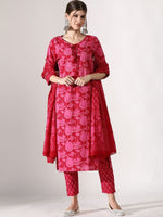 Thumbnail for Anouk V-Neck Floral Printed Thread Work Pure Cotton Straight Kurta with Trousers & Dupatta