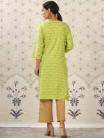 Thumbnail for Ode by House of Pataudi Lime Green & Beige Printed V Neck Kurta With Palazzos - Distacart