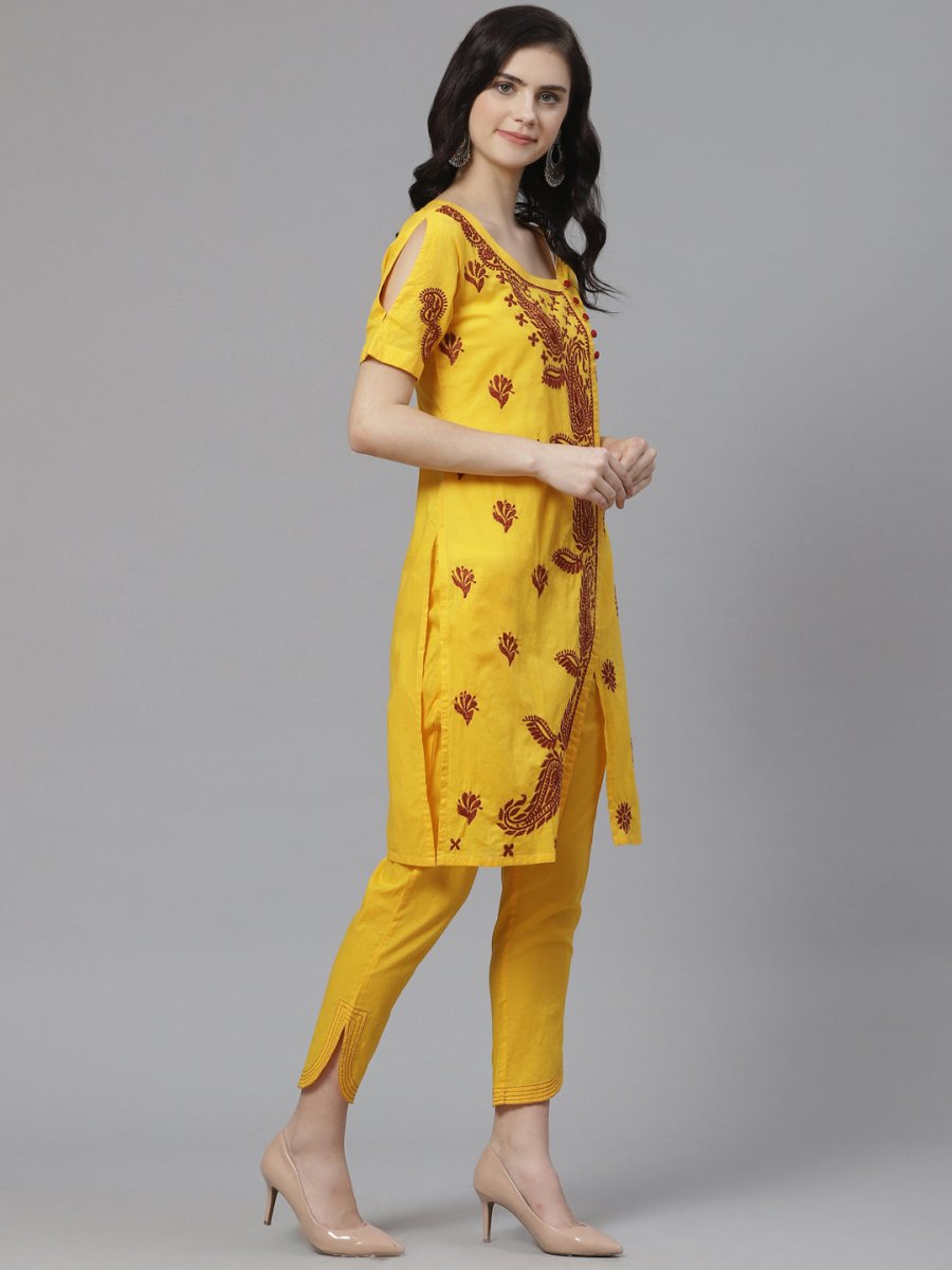 ADA Women Yellow & Maroon Paisley Chikankari Embroidered Sustainable Handloom Kurta with Trousers - Distacart