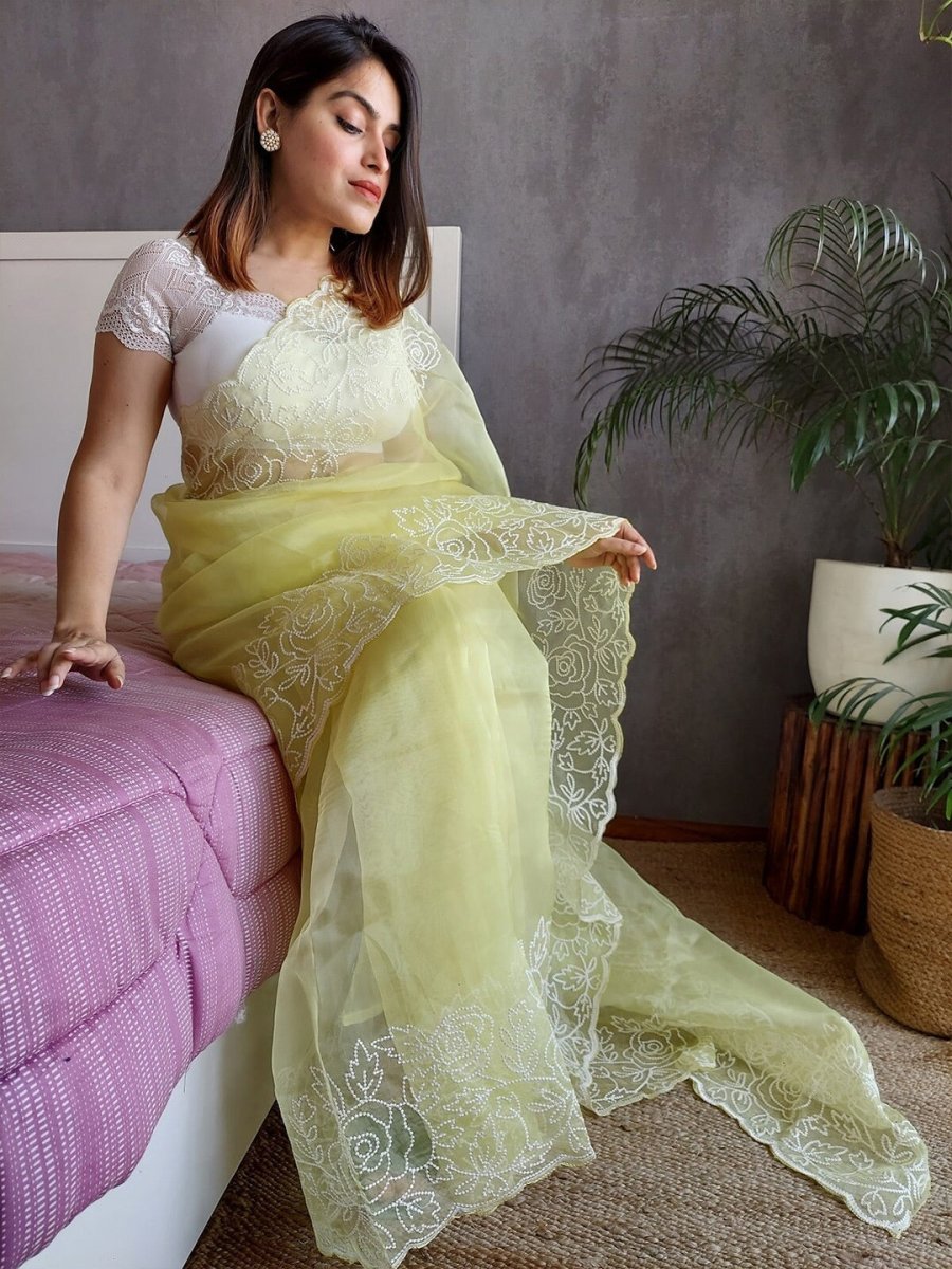 Anouk Yellow Floral Embroidered Organza Saree - Distacart