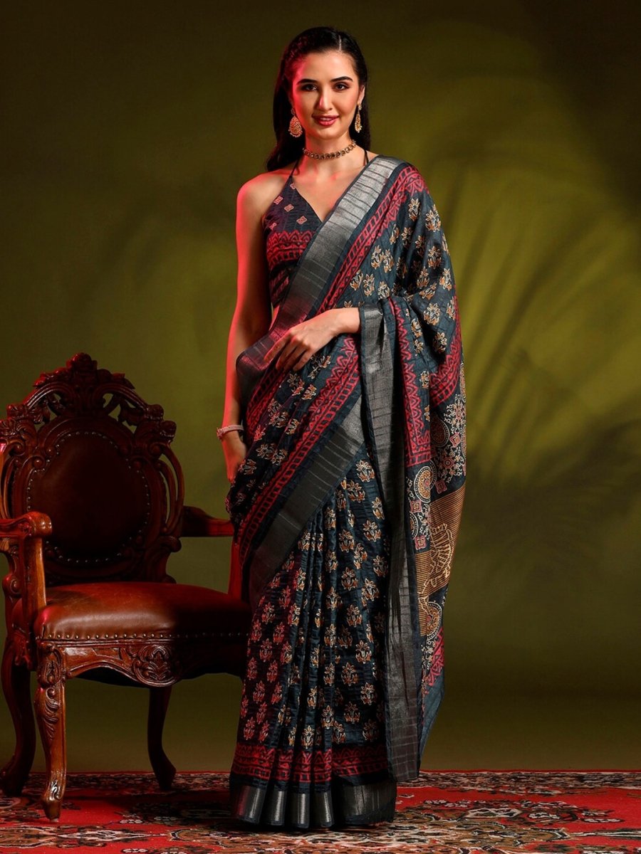 Anouk Grey Floral Printed Zari Sungudi Saree - Distacart