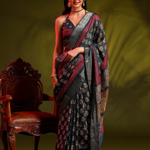 Anouk Grey Floral Printed Zari Sungudi Saree - Distacart