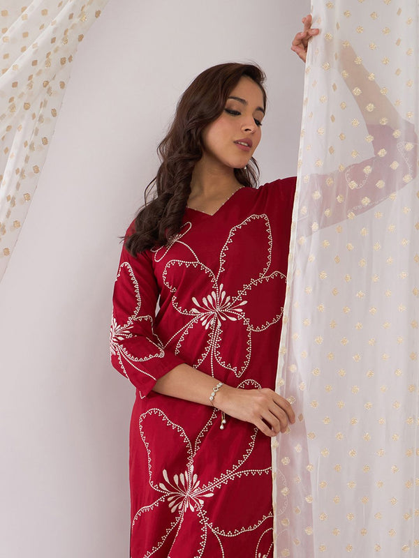 Indo Era Floral Embroidered Beads And Stones Straight Kurta With Palazzos
