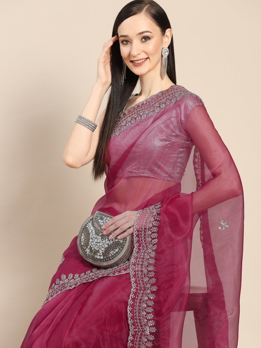 Anouk Pink & Silver-Coloured Sequinned Organza Saree - Distacart