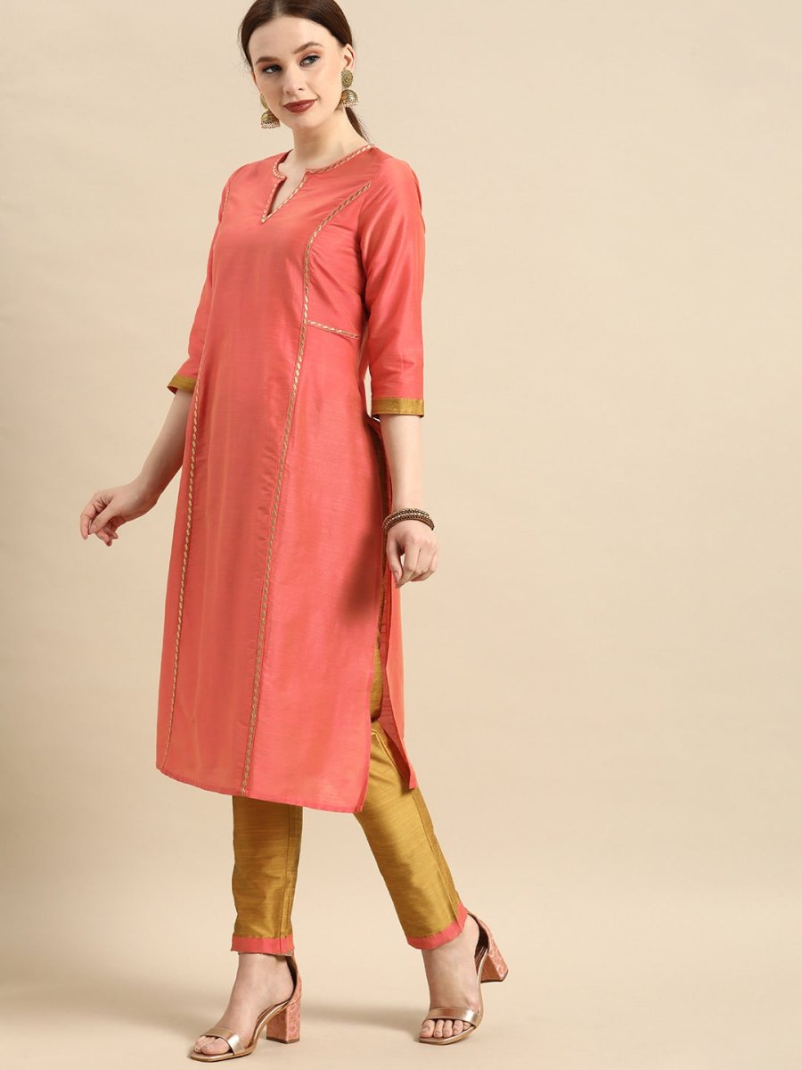 All About You Women Peach-Coloured Embroidered Kurta with Trousers - Distacart