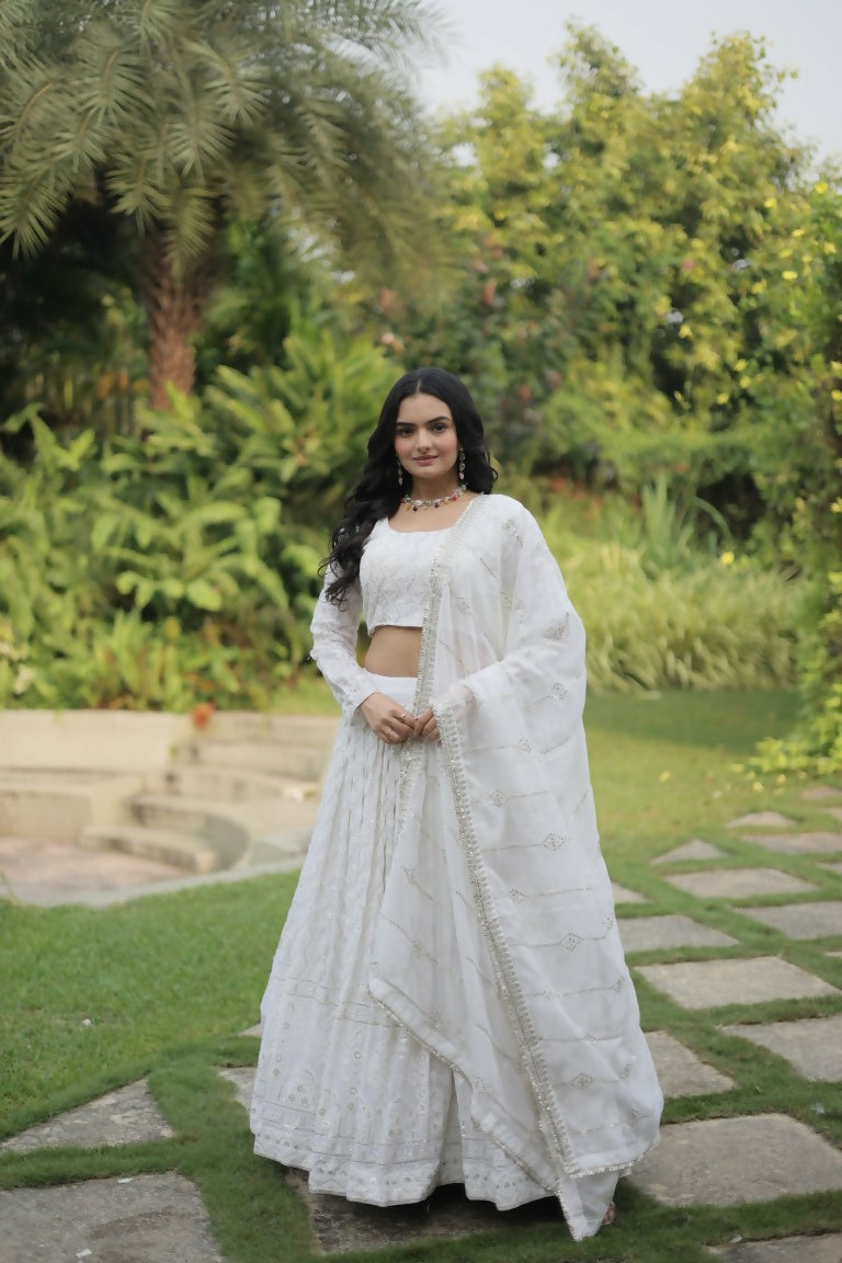 Vastranavya Faux Georgette With Sequins & Thread Embroidered Work Lehenga Choli - White - Distacart